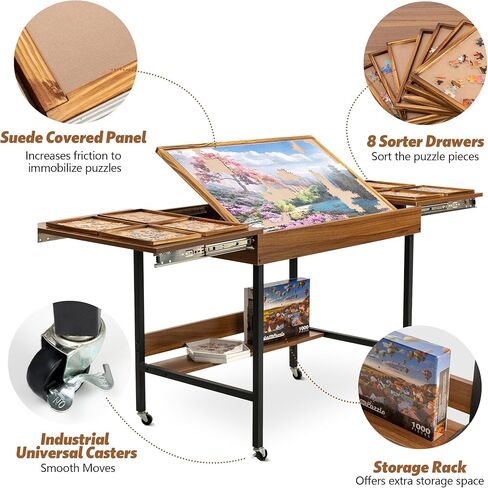 Becko US 2 in 1 Jigsaw Puzzle Table with 8 Sorting Trays, Foldaway & 3 Tilted Angle for Adjusted Height, Universal Wheels for Moves, Shelf Rack for Storage, 31 * 21 in for Puzzles Up to 1000 Pieces in Kuwait