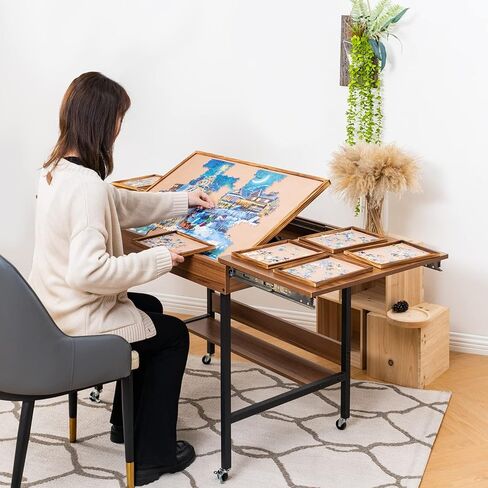 Becko US 2 in 1 Jigsaw Puzzle Table with 8 Sorting Trays, Foldaway & 3 Tilted Angle for Adjusted Height, Universal Wheels for Moves, Shelf Rack for Storage, 31 * 21 in for Puzzles Up to 1000 Pieces in Kuwait