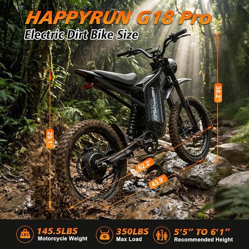 HAPPYRUN G18pro Electric Dirt Bike for Adults – 4500W Peak Motor, 60V 35Ah Battery, 38 mph Top Speed, 75 Mile Range, 5-Level Speed Control, Full Suspension, Hydraulic Brakes, 19″/17″ Off-Road Tires in Kuwait
