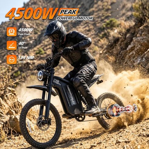 HAPPYRUN G18pro Electric Dirt Bike for Adults – 4500W Peak Motor, 60V 35Ah Battery, 75 Miles Range, 5 Speed Modes, Full Suspension, Hydraulic Brakes, 19"/17" Off-Road Tires in Kuwait