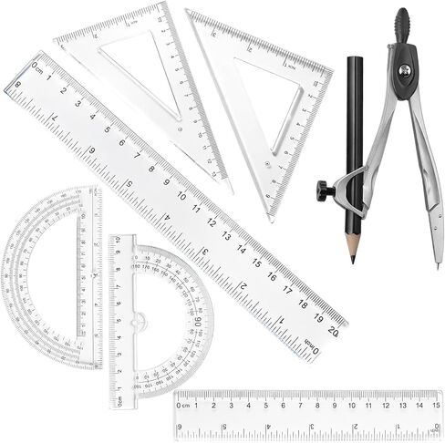 1 Set Plastic Geometry Math Set, Measuring Tool Includes Clear Ruler 12 Inch 6 Inch 6 and 3.8 Inches Protractor 45/60 Degree Triangle Rulers Compass for Office Drawing Drafting Engineering in Kuwait