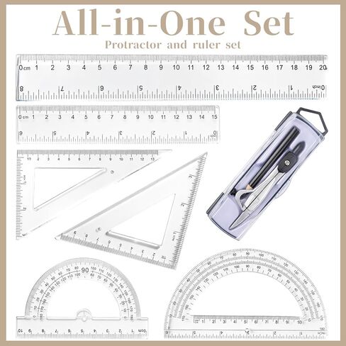 1 Set Plastic Geometry Math Set, Measuring Tool Includes Clear Ruler 12 Inch 6 Inch 6 and 3.8 Inches Protractor 45/60 Degree Triangle Rulers Compass for Office Drawing Drafting Engineering in Kuwait