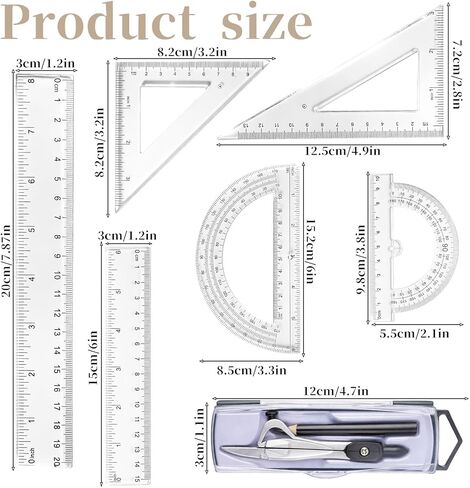 1 Set Plastic Geometry Math Set, Measuring Tool Includes Clear Ruler 12 Inch 6 Inch 6 and 3.8 Inches Protractor 45/60 Degree Triangle Rulers Compass for Office Drawing Drafting Engineering in Kuwait