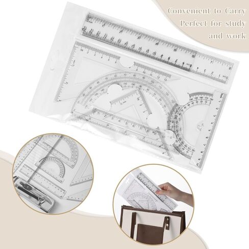 1 Set Plastic Geometry Math Set, Measuring Tool Includes Clear Ruler 12 Inch 6 Inch 6 and 3.8 Inches Protractor 45/60 Degree Triangle Rulers Compass for Office Drawing Drafting Engineering in Kuwait