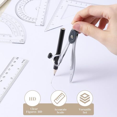 1 Set Plastic Geometry Math Set, Measuring Tool Includes Clear Ruler 12 Inch 6 Inch 6 and 3.8 Inches Protractor 45/60 Degree Triangle Rulers Compass for Office Drawing Drafting Engineering in Kuwait