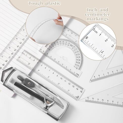 1 Set Plastic Geometry Math Set, Measuring Tool Includes Clear Ruler 12 Inch 6 Inch 6 and 3.8 Inches Protractor 45/60 Degree Triangle Rulers Compass for Office Drawing Drafting Engineering in Kuwait