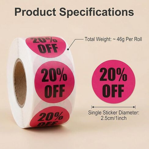 500Pcs 1Inch 20% Percent Off Sale Stickers Self-Adhesive Round Product Labels Sales Sticker Tags for Retail Store in Kuwait