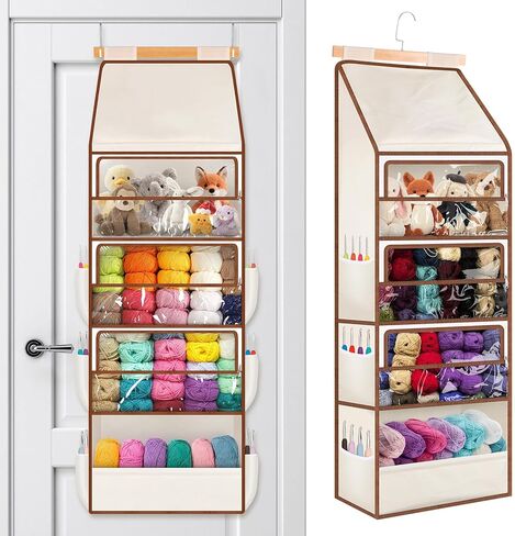 Wooden Hanging Yarn Storage Organizer, Large Knitting Stuffed Animal Storage with 4 Deep Clear Pockets & 6 Mesh Side Pockets, Over The Door Organizer Yarn Holder for Crochet Hooks, Knitting Needles in Kuwait