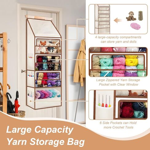 Wooden Hanging Yarn Storage Organizer, Large Knitting Stuffed Animal Storage with 4 Deep Clear Pockets & 6 Mesh Side Pockets, Over The Door Organizer Yarn Holder for Crochet Hooks, Knitting Needles in Kuwait