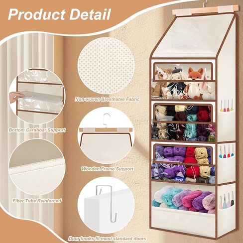 Wooden Hanging Yarn Storage Organizer, Large Knitting Stuffed Animal Storage with 4 Deep Clear Pockets & 6 Mesh Side Pockets, Over The Door Organizer Yarn Holder for Crochet Hooks, Knitting Needles in Kuwait