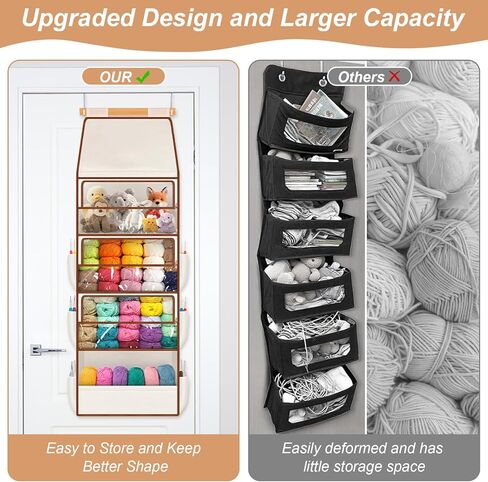 Wooden Hanging Yarn Storage Organizer, Large Knitting Stuffed Animal Storage with 4 Deep Clear Pockets & 6 Mesh Side Pockets, Over The Door Organizer Yarn Holder for Crochet Hooks, Knitting Needles in Kuwait