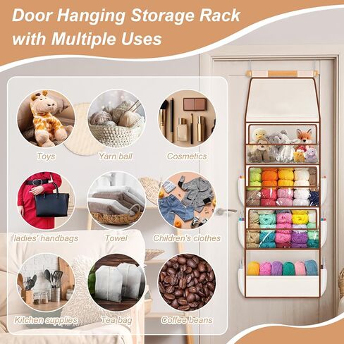 Wooden Hanging Yarn Storage Organizer, Large Knitting Stuffed Animal Storage with 4 Deep Clear Pockets & 6 Mesh Side Pockets, Over The Door Organizer Yarn Holder for Crochet Hooks, Knitting Needles in Kuwait