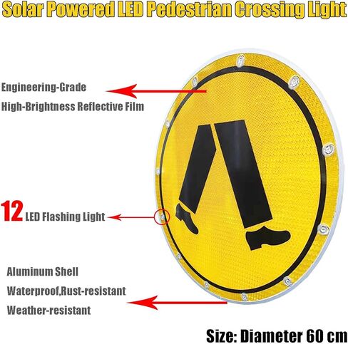 Pedestrian Crossing LED Solar Powered Traffic Sign, 24" Reflective Road Safety Pedestrian Warning System Indicator Lights, Aluminum, IP65 Waterproof in Kuwait