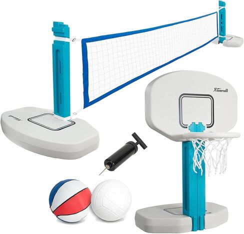 XtremepowerUS 2-in-1 Pool Volleyball Set & Basketball Hoop Combo for Swimming Pool, Includes Inflator Pump, Basketball & Volleyball, HDPE Materials, Adjustable Size, Durable Outdoor Sports Equipment in Kuwait