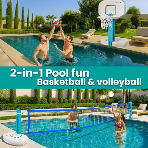 XtremepowerUS 2-in-1 Pool Volleyball Set & Basketball Hoop Combo for Swimming Pool, Includes Inflator Pump, Basketball & Volleyball, HDPE Materials, Adjustable Size, Durable Outdoor Sports Equipment in Kuwait