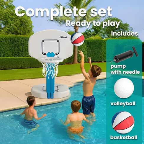 XtremepowerUS 2-in-1 Pool Volleyball Set & Basketball Hoop Combo for Swimming Pool, Includes Inflator Pump, Basketball & Volleyball, HDPE Materials, Adjustable Size, Durable Outdoor Sports Equipment in Kuwait