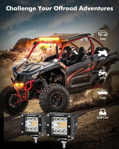 Auxbeam 6 Modes Amber White Series LED Cubes, 3Inch 72W LED Pods Dual Color Off-Road Strobe Lights, Spot Flood Combo Driving Offroad Ditch Lights Flashing Warning Functional, Pair in Kuwait