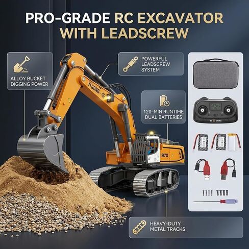 حفار RC بمقياس 1:50 مع نظام حفر لولبي رئيسي، محرك N20S مُجهز، دلو معدني، أضواء LED وصوت، 120 دقيقة، بطاريات مزدوجة وحقيبة حمل محمولة للهواة البالغين in Kuwait