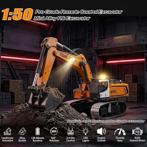 حفار RC بمقياس 1:50 مع نظام حفر لولبي رئيسي، محرك N20S مُجهز، دلو معدني، أضواء LED وصوت، 120 دقيقة، بطاريات مزدوجة وحقيبة حمل محمولة للهواة البالغين in Kuwait