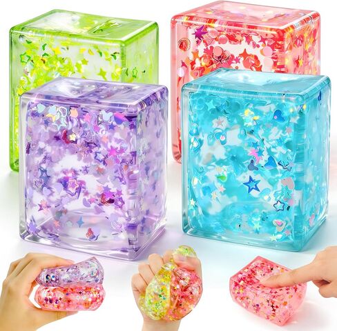 4 Pack Glitter Ice Cube Stress Ball, Soft Cube Colorful Sensory Fidget Toys for Adults & Kids, Fun Square Squeeze Toys for Anxiety Stress Relief, Great Holiday & Birthday Gifts, Classroom Prizes in Kuwait