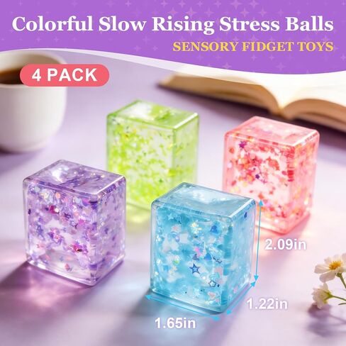 4 Pack Glitter Ice Cube Stress Ball, Soft Cube Colorful Sensory Fidget Toys for Adults & Kids, Fun Square Squeeze Toys for Anxiety Stress Relief, Great Holiday & Birthday Gifts, Classroom Prizes in Kuwait