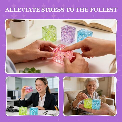 4 Pack Glitter Ice Cube Stress Ball, Soft Cube Colorful Sensory Fidget Toys for Adults & Kids, Fun Square Squeeze Toys for Anxiety Stress Relief, Great Holiday & Birthday Gifts, Classroom Prizes in Kuwait
