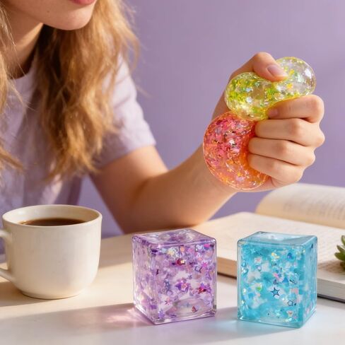 4 Pack Glitter Ice Cube Stress Ball, Soft Cube Colorful Sensory Fidget Toys for Adults & Kids, Fun Square Squeeze Toys for Anxiety Stress Relief, Great Holiday & Birthday Gifts, Classroom Prizes in Kuwait