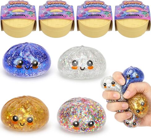 4 Pack Glitter Dumpling Squishy Mystery Box Set — Slow Rising Kawaii Dumpling Stress Balls with Steamer Box, Cute Fidget Sensory Toys for Kids & Adults in Kuwait