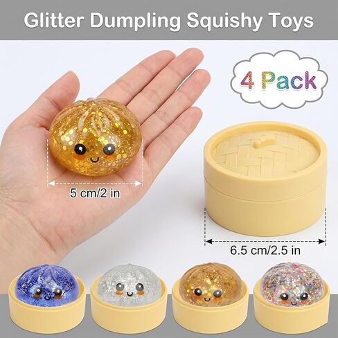 4 Pack Glitter Dumpling Squishy Mystery Box Set — Slow Rising Kawaii Dumpling Stress Balls with Steamer Box, Cute Fidget Sensory Toys for Kids & Adults in Kuwait