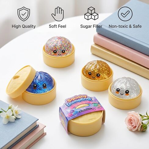 4 Pack Glitter Dumpling Squishy Mystery Box Set — Slow Rising Kawaii Dumpling Stress Balls with Steamer Box, Cute Fidget Sensory Toys for Kids & Adults in Kuwait