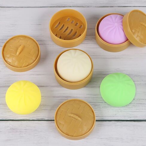 4 PCS Colorful Dumpling Stress Balls,Squishes Dough Fidget Sensory Dumplings,Simulation Food Squishies Bun with Steamer Stretchy Stress Relief Tools in Kuwait