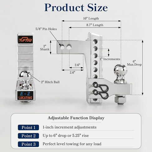 TOPTOW Adjustable Aluminum Ball Mount, 6-inch Drop Hitch for 2-inch Hitch Receivers, 7500lbs Capacity Including 2-inch Hitch Ball, Hitch Locks and Hitch Pin Kits - Patent Easy-Locating Shank Design in Kuwait