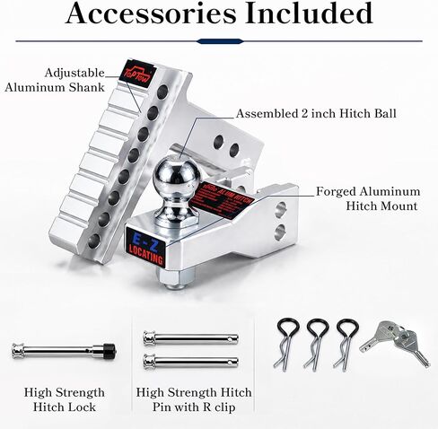 TOPTOW Adjustable Aluminum Ball Mount, 6-inch Drop Hitch for 2-inch Hitch Receivers, 7500lbs Capacity Including 2-inch Hitch Ball, Hitch Locks and Hitch Pin Kits - Patent Easy-Locating Shank Design in Kuwait