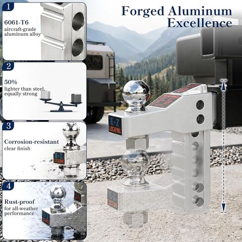 TOPTOW Adjustable Aluminum Ball Mount, 6-inch Drop Hitch for 2-inch Hitch Receivers, 7500lbs Capacity Including 2-inch Hitch Ball, Hitch Locks and Hitch Pin Kits - Patent Easy-Locating Shank Design in Kuwait