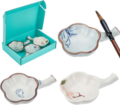 WEBEEDY 3 Styles Ceramic Ink Dish with Handle, Fish Lotus Peony Porcelain Ink Plate Multifunctional Paint Brush Holder Organizer Rest for Chinese Calligraphy Writing Painting Supplies, 4.5x3x1 Inch in Kuwait