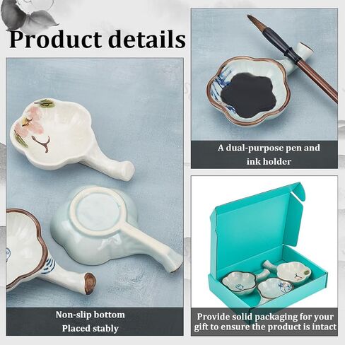 WEBEEDY 3 Styles Ceramic Ink Dish with Handle, Fish Lotus Peony Porcelain Ink Plate Multifunctional Paint Brush Holder Organizer Rest for Chinese Calligraphy Writing Painting Supplies, 4.5x3x1 Inch in Kuwait