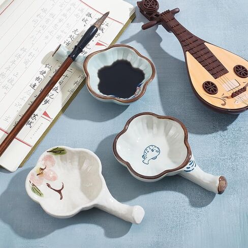 WEBEEDY 3 Styles Ceramic Ink Dish with Handle, Fish Lotus Peony Porcelain Ink Plate Multifunctional Paint Brush Holder Organizer Rest for Chinese Calligraphy Writing Painting Supplies, 4.5x3x1 Inch in Kuwait