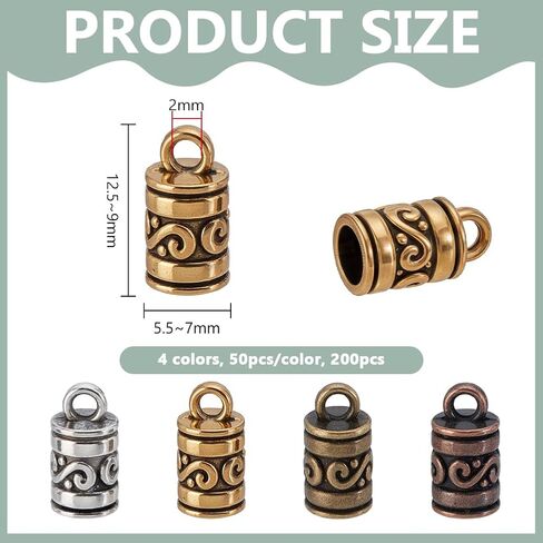 PH PandaHall 200pcs Metal Cord End Caps, 4 Colors Column Leather Thread Rope End Cap Tassel Caps Jewellery Cap Tip for DIY Craft Dangle Earrings Bracelets Necklaces Jewelry Making Kumihimo Supplies in Kuwait