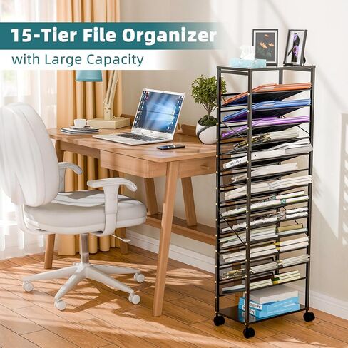 Ekisemio 15 Tier Rolling File Cart, Sturdy and Durable Desk File Organizer with Metal Mesh Letter Tray, Heavy-Duty Rolling Clutter Cart for Office, Home, School, Black in Kuwait