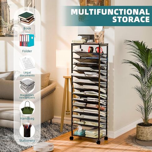 Ekisemio 15 Tier Rolling File Cart, Sturdy and Durable Desk File Organizer with Metal Mesh Letter Tray, Heavy-Duty Rolling Clutter Cart for Office, Home, School, Black in Kuwait