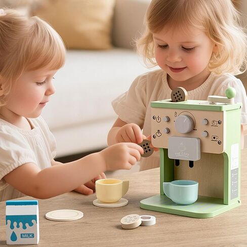 Fockety Toy Coffee Maker for Kids, Coffee Machine Toy Wooden Playset Kitchen Accessories Gifts for Ages 3 4 5 Year Old Kids Toddler Boys Girls Birthday Gifts in Kuwait