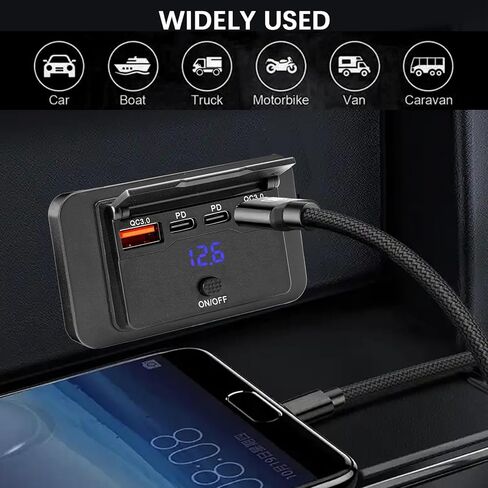 96W 12V RV USB Outlet Panel Wall Mount–Dual 36W PD & Dual QC3.0 18W Car USB Charger Socket with Button Switch, Surface Mount with Voltage Display for RV, Bus, Boat, Truck, ATV, Marine, Golf Cart in Kuwait