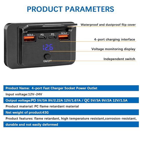 96W 12V RV USB Outlet Panel Wall Mount–Dual 36W PD & Dual QC3.0 18W Car USB Charger Socket with Button Switch, Surface Mount with Voltage Display for RV, Bus, Boat, Truck, ATV, Marine, Golf Cart in Kuwait