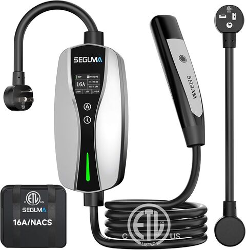 SEGUMA Level 1/2 Tesla Charger, ETL/CSA Certified, Adjustable 6-16A, 25ft Extension Cable, Dual Voltage 120V NEMA 5-15 Plug & 240V NEMA 6-20 Adapter, NACS Connector, Portable Home Electric Car Charger in Kuwait