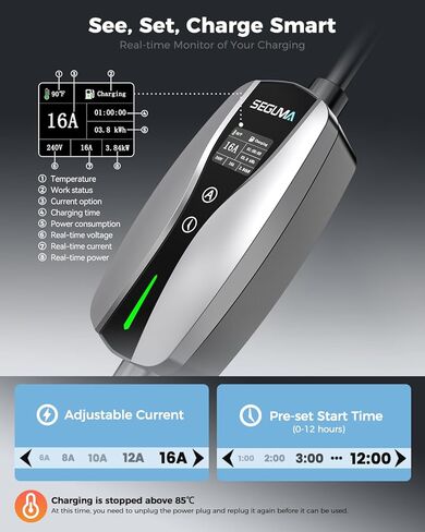 SEGUMA Level 1/2 Tesla Charger, ETL/CSA Certified, Adjustable 6-16A, 25ft Extension Cable, Dual Voltage 120V NEMA 5-15 Plug & 240V NEMA 6-20 Adapter, NACS Connector, Portable Home Electric Car Charger in Kuwait
