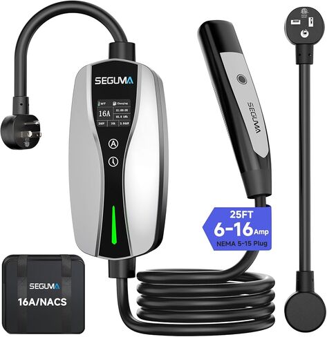 SEGUMA Level 1/2 Tesla Charger, ETL/CSA Certified, Adjustable 6-16A, 25ft Extension Cable, Dual Voltage 120V NEMA 5-15 Plug & 240V NEMA 6-20 Adapter, NACS Connector, Portable Home Electric Car Charger in Kuwait