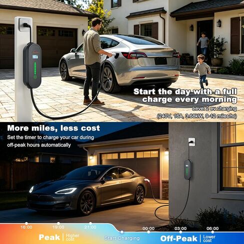 شاحن EV المحمول من TopAutoGear المستوى 1&2 لـ Tesla 16Amp 110V/240V مع قابس NEMA 6-20 ومحول 5-15، تيار قابل للتعديل 8-16 أمبير، كابل شحن 17 قدم NACS موصل لطراز Tesla Y/3/X/S/Cybertruck in Kuwait