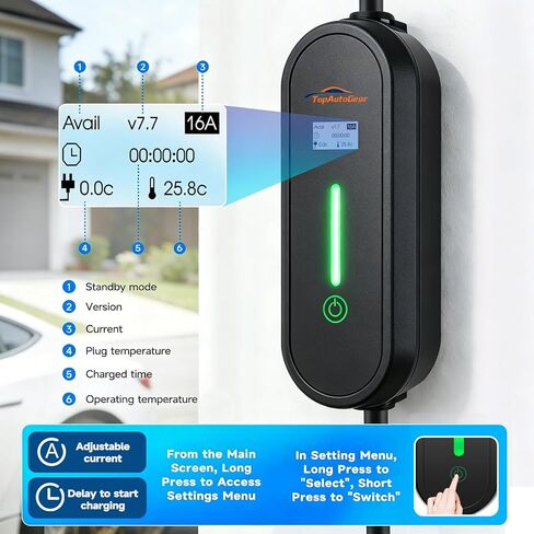 شاحن EV المحمول من TopAutoGear المستوى 1&2 لـ Tesla 16Amp 110V/240V مع قابس NEMA 6-20 ومحول 5-15، تيار قابل للتعديل 8-16 أمبير، كابل شحن 17 قدم NACS موصل لطراز Tesla Y/3/X/S/Cybertruck in Kuwait