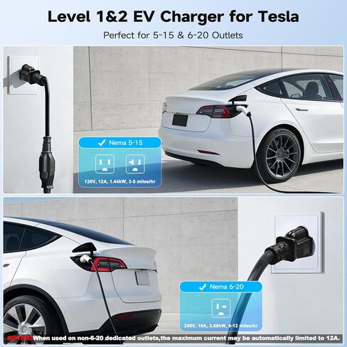 شاحن EV المحمول من TopAutoGear المستوى 1&2 لـ Tesla 16Amp 110V/240V مع قابس NEMA 6-20 ومحول 5-15، تيار قابل للتعديل 8-16 أمبير، كابل شحن 17 قدم NACS موصل لطراز Tesla Y/3/X/S/Cybertruck in Kuwait