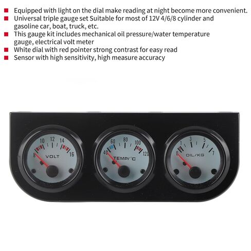 Keenso Universal Triple Gauge Set, Mechanical Oil Pressure Water Temperature Electrical Volt Meter with Light for 12V Car Boat Truck, White Dial Red Pointer 52mm in Kuwait